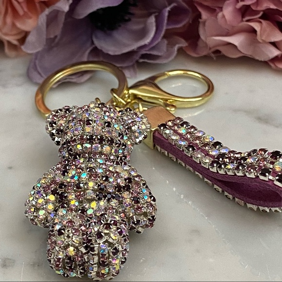 Multicolor Purple Crystal & Leather Strap Bear Keychain - Picture 11 of 13